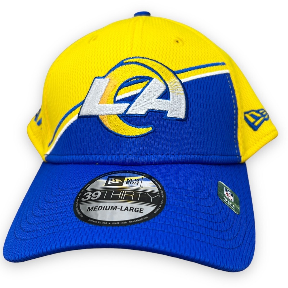 LA Rams Hat Men's M/L Blue Yellow Script 2023 Sideline Alternate Stretch Fit
